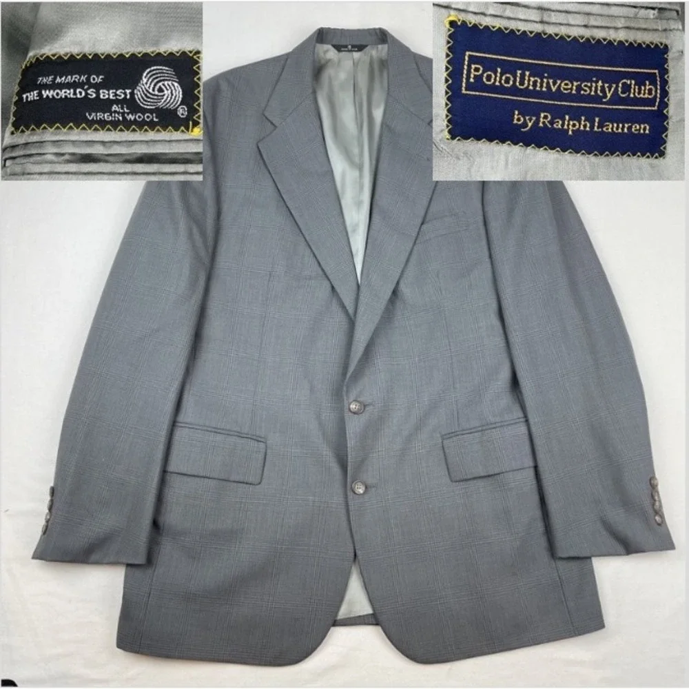 Ralph Lauren Polo University Club Men 40R Grey Glen Plaid Wool Blazer Sport Coat